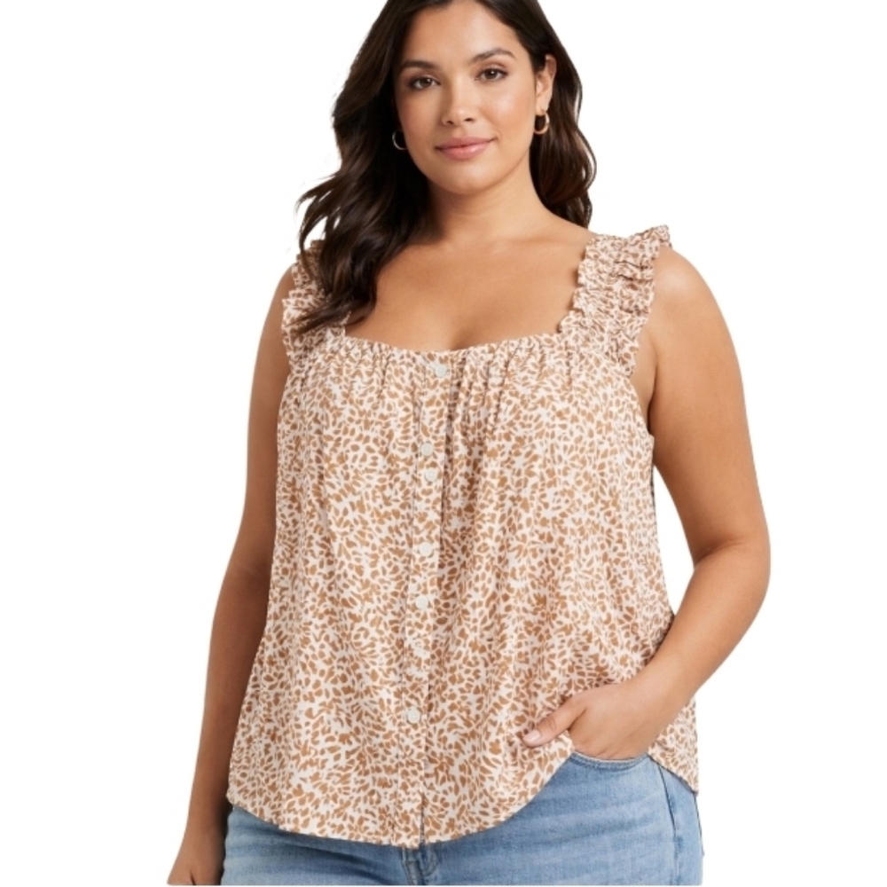 NWT Elie Tahari Brown & White Printed Sleeveless‎ Blouse Size Large